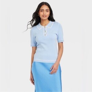A New Day Knit Sweater Baby Blue Collared Short Sleeve